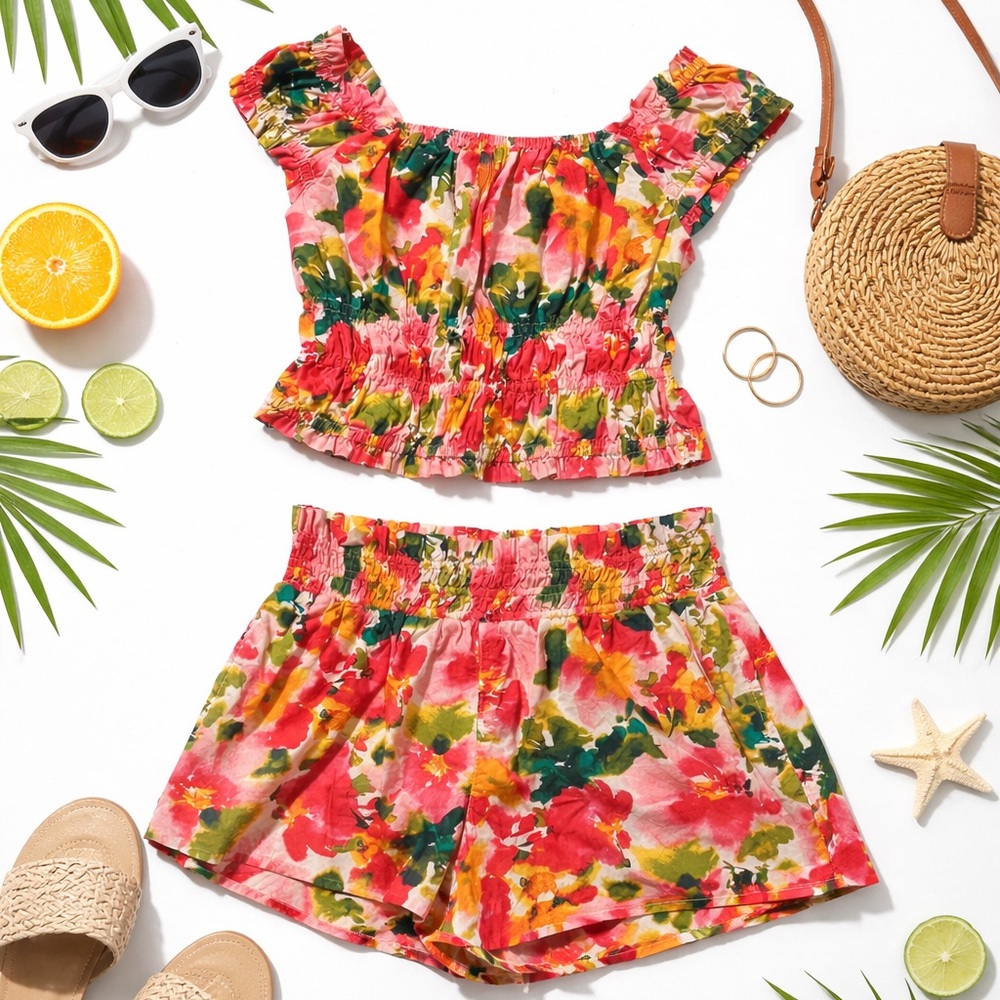 Crewcuts Pink and Green Floral Set vacation Hawaii